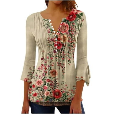 YUGYXL Womens Trendy 3/4 Bell Sleeve Blouses Casual Ruffled Floral Tunics Comfy Button V-Neck Henley Shirts Summer Pleated Swing Tops Multicolor L