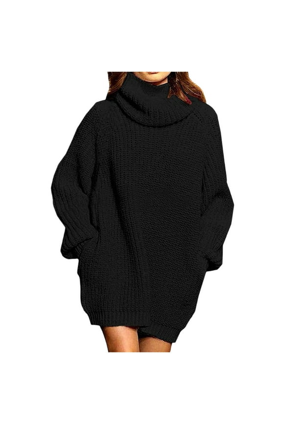Womens Turtleneck Oversized Long Sweater Dressy Plus Size Tunic Pullover Knit Fall Dresses Black M