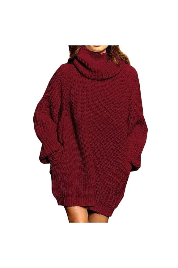 Womens Turtleneck Oversized Long Sweater Dressy Plus Size Tunic Pullover Knit Fall Dresses Wine L
