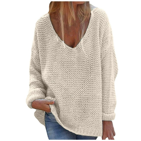 YUGYXL Womens V Neck Knitted Sweater Baggy Loose Jumpers Casual Long Sleeve Tops Pullover for Women Beige XXL