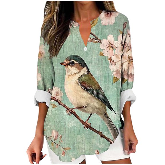 YUGYXL Womens V-Neck Long Length Sleeve Vintage Floral Print Boho Tops Casual Fall Holiday Blouse Vacation Clothes Green L