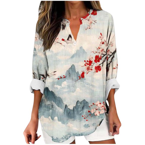 YUGYXL Womens V-Neck Long Length Sleeve Vintage Floral Print Boho Tops Casual Fall Holiday Blouse Vacation Clothes Light Blue L