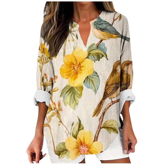 YUGYXL Womens V-Neck Long Length Sleeve Vintage Floral Print Boho Tops Casual Fall Holiday Blouse Vacation Clothes Yellow XXL
