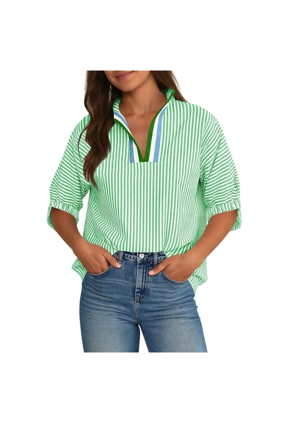 Womens V Neck Striped Blouse Oversized Dolman Sleeve Tops Summer Casual Loose Fit Shirts Green M