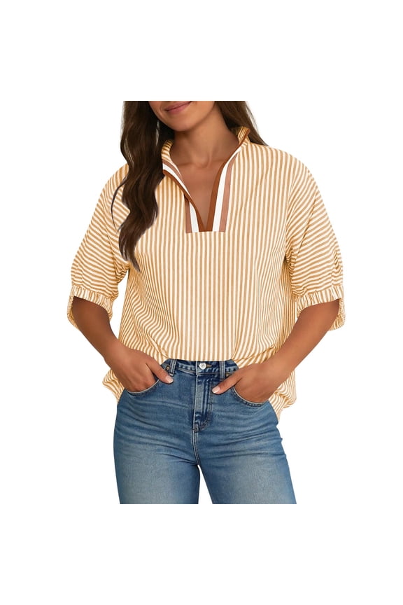 Womens V Neck Striped Blouse Oversized Dolman Sleeve Tops Summer Casual Loose Fit Shirts Orange S