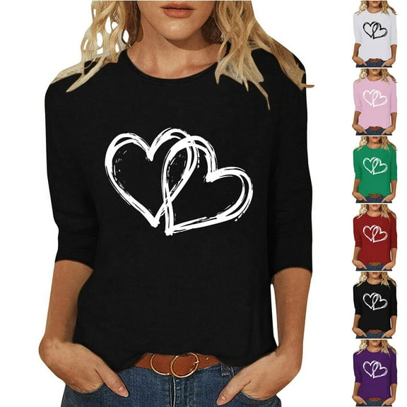 YUGYXL Womens Valentine's Day Shirts Trendy 3/4 Sleeve Heart Print Tshirts Funny Teen Girl's Valentine Round Neck BlousesWhite,M