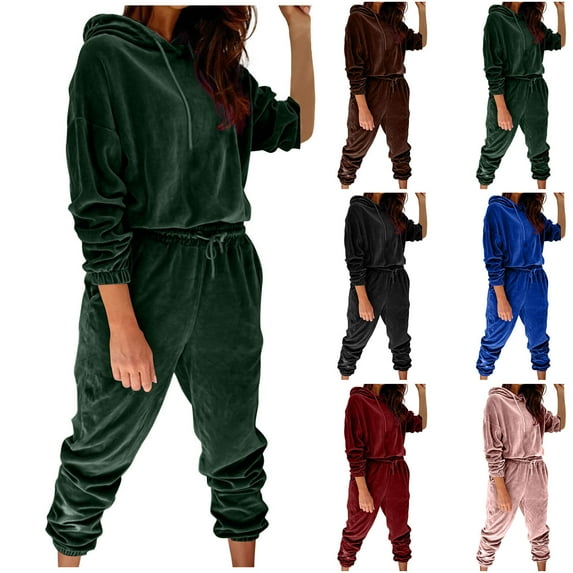 YUGYXL Womens Velour Sweatsuits 2 Piece Tracksuit Sets Drawstring Hoodie Sweatshirt Match Sweatpants Leisure Jogger Outfits Prime Lightning Deals Of The Day Green,M