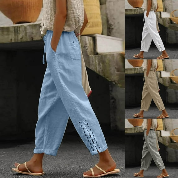 YUGYXL Womens Vintage Linen Pants Bandage Bottom Drawstring Long Pants Casual Cropped Pants with Pockets Dark Gray S