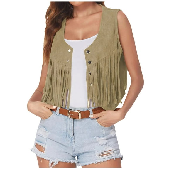 YUGYXL Womens Vintage Western Fringe Vest Tops Classic Cowboy Solid Mini Shirt Sleeveless Tassels Short Cardigan Jackets Beige XL