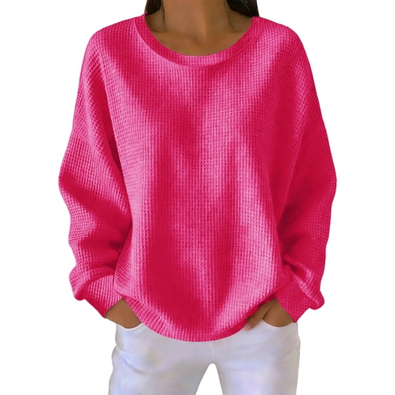 YUGYXL Womens Waffle Knit Tshirt Casual Round Neck Long Sleeve Pullover Shirts Loose Solid Color Fashion Tunic Tops Hot Pink Sweatshirt XXXXL