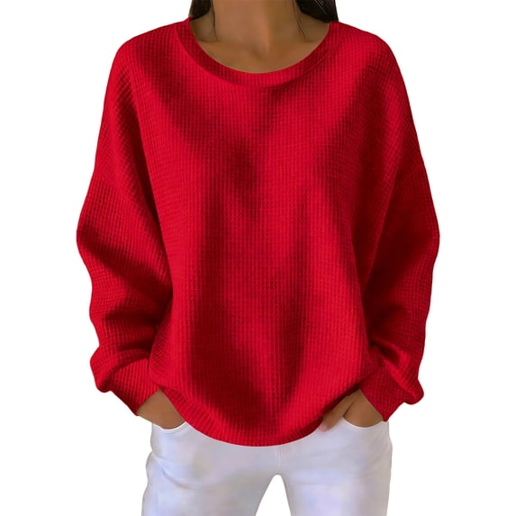 YUGYXL Womens Waffle Knit Tshirt Casual Round Neck Long Sleeve Pullover Shirts Loose Solid Color Fashion Tunic Tops Red Sweatshirt XXXL
