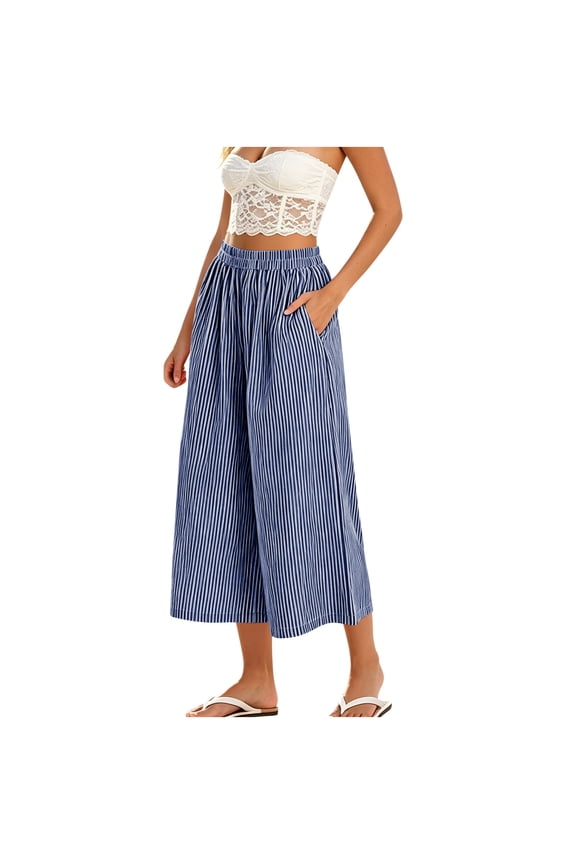 Womens Wide Leg Capri Pants Gingham Plaid Culottes Summer Elastic Waist Palazzo Trousers Bottoms with Pockets Blue Pants L