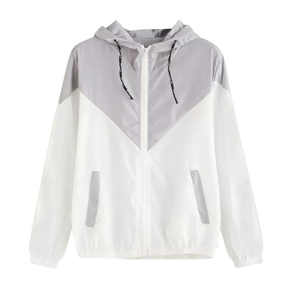 YUGYXL Womens Windbreaker Jacket Color Block Drawstring Hooded Sports Jacket Lightweight Outdoor Raincoat Gray XL
