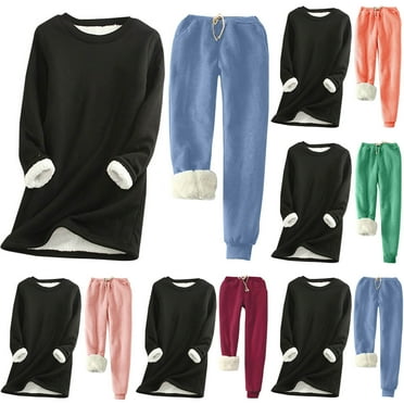 YUGYXL Womens Winter Outfits 2 Piece Plus Size Sherpa Liner Sweatsuit Casual Round Neck Sweatshirt Comfy High Waist Pants Lounge Outfits Today Deals