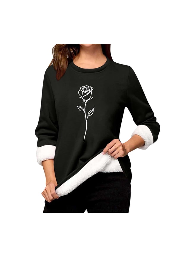 Womens Winter Sherpa Pullover Fuzzy Thermal Crew Neck Shirt Sweatshirt Rose Print Warm Fleece Lined Tops Plus Size Black Sweatshirts XL