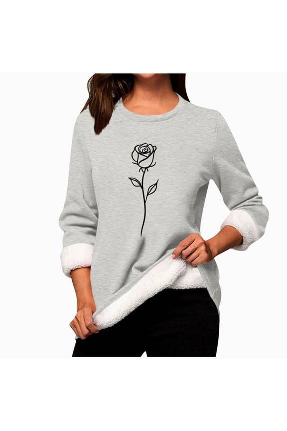 Womens Winter Sherpa Pullover Fuzzy Thermal Crew Neck Shirt Sweatshirt Rose Print Warm Fleece Lined Tops Plus Size Gray Sweatshirts S