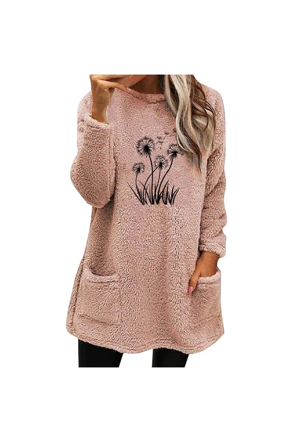 Womens Winter Warm Fleece Sweatshirt Crewneck Fuzzy Sherpa Pullover Floral Print Oversized Sweaters Tops with Pockets Pink Sweatshirts M