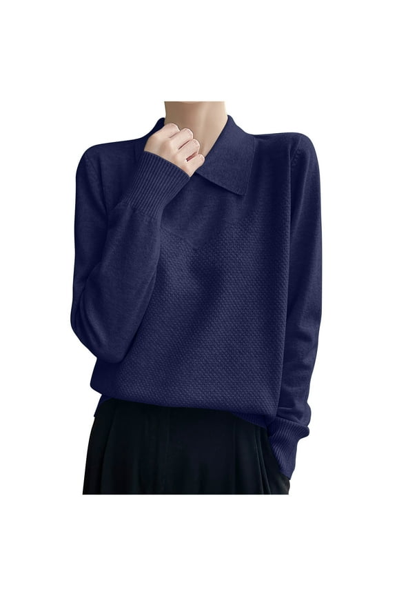 Womens Wool Sweater O-Neck Pullover Spring Autumn Long Sleeve Knitwear Slim Solid Color Bottoming Clothing Tops Navy M