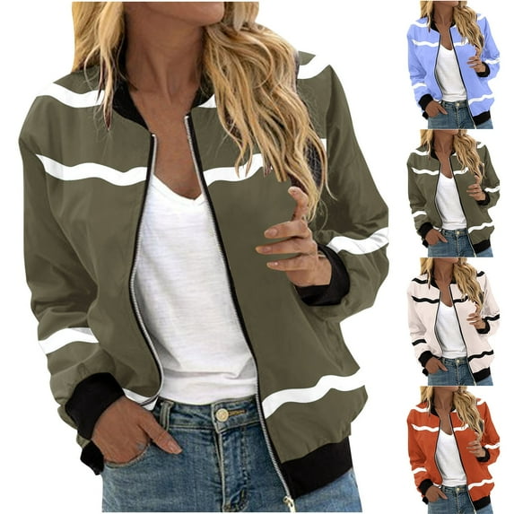 YUGYXL Womens Zip Up Bomber Jacket Casual Stand Collar Varsity Jackets Trendy Stripe Windproof Bombers Outerwear Sale