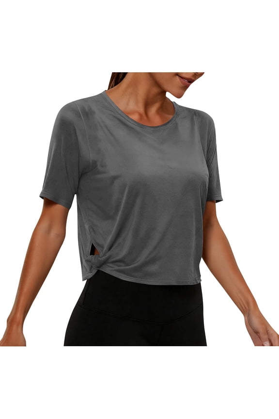 Workout Crop Tops for Women Loose Fit Lightweight Breathable Yoga T Shirts Running Athletic Cropped Workout Tops Gray M