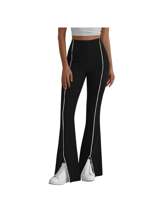 Workout Flare Leggings for Women Striped Front Split Hem Yoga Bell Bottom Pants Mid Elastic Waisted Long Pants Black Pants L