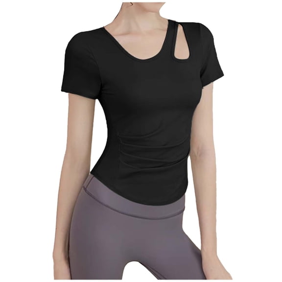 YUGYXL Workout Tops for Women Breathable Cutout Crewneck Short Sleeve T-Shirts Casual Slim Fit Gym Workout Yoga Basic Tee Black XL