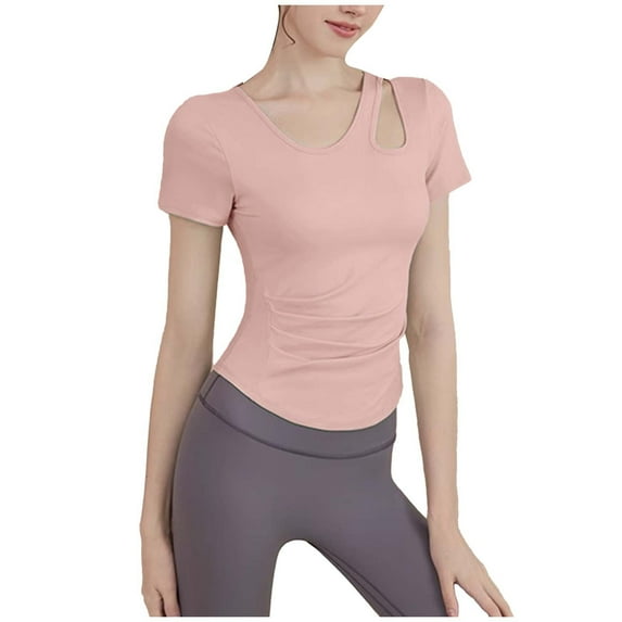 YUGYXL Workout Tops for Women Breathable Cutout Crewneck Short Sleeve T-Shirts Casual Slim Fit Gym Workout Yoga Basic Tee Pink XL
