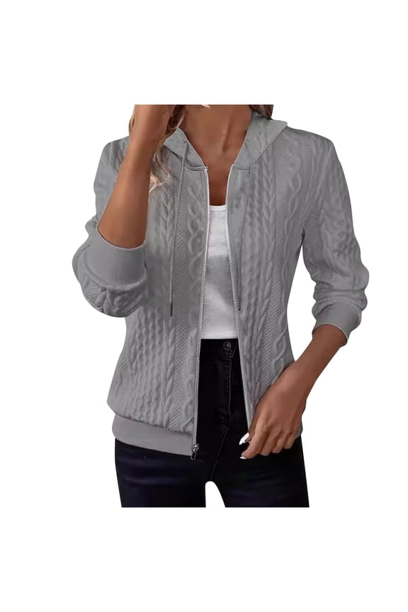 Zip Up Cardigan Sweater for Women Cable Knit Hoodie Long Sleeve Jacket Oversized Outwear Drawstring Sweatshirts Gray L