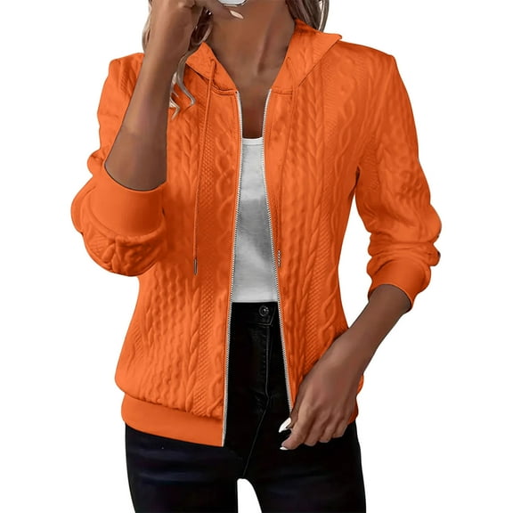 YUGYXL Zip Up Cardigan Sweater for Women Cable Knit Hoodie Long Sleeve Jacket Oversized Outwear Drawstring Sweatshirts Orange L