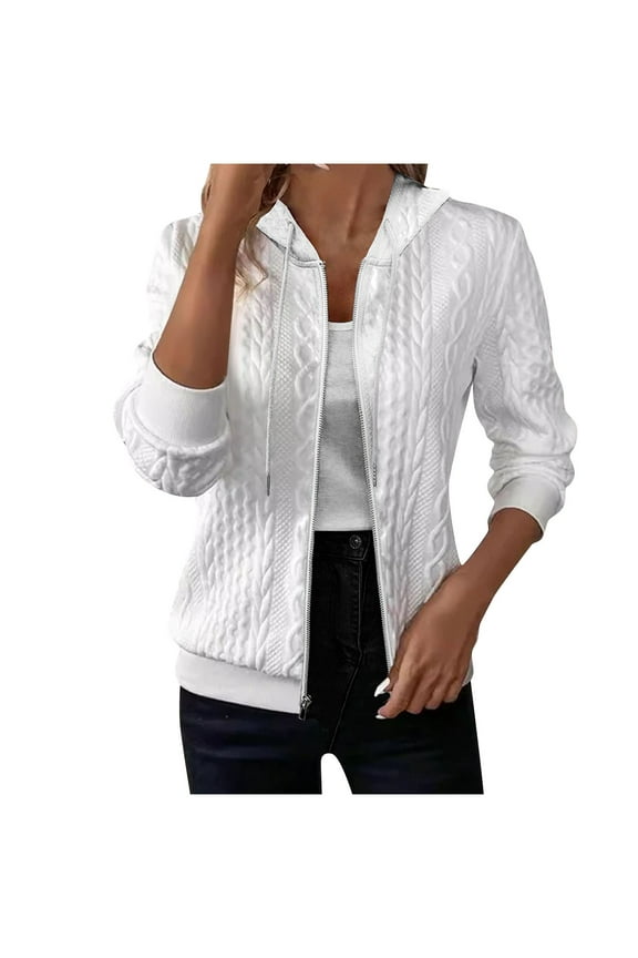 Zip Up Cardigan Sweater for Women Cable Knit Hoodie Long Sleeve Jacket Oversized Outwear Drawstring Sweatshirts White L
