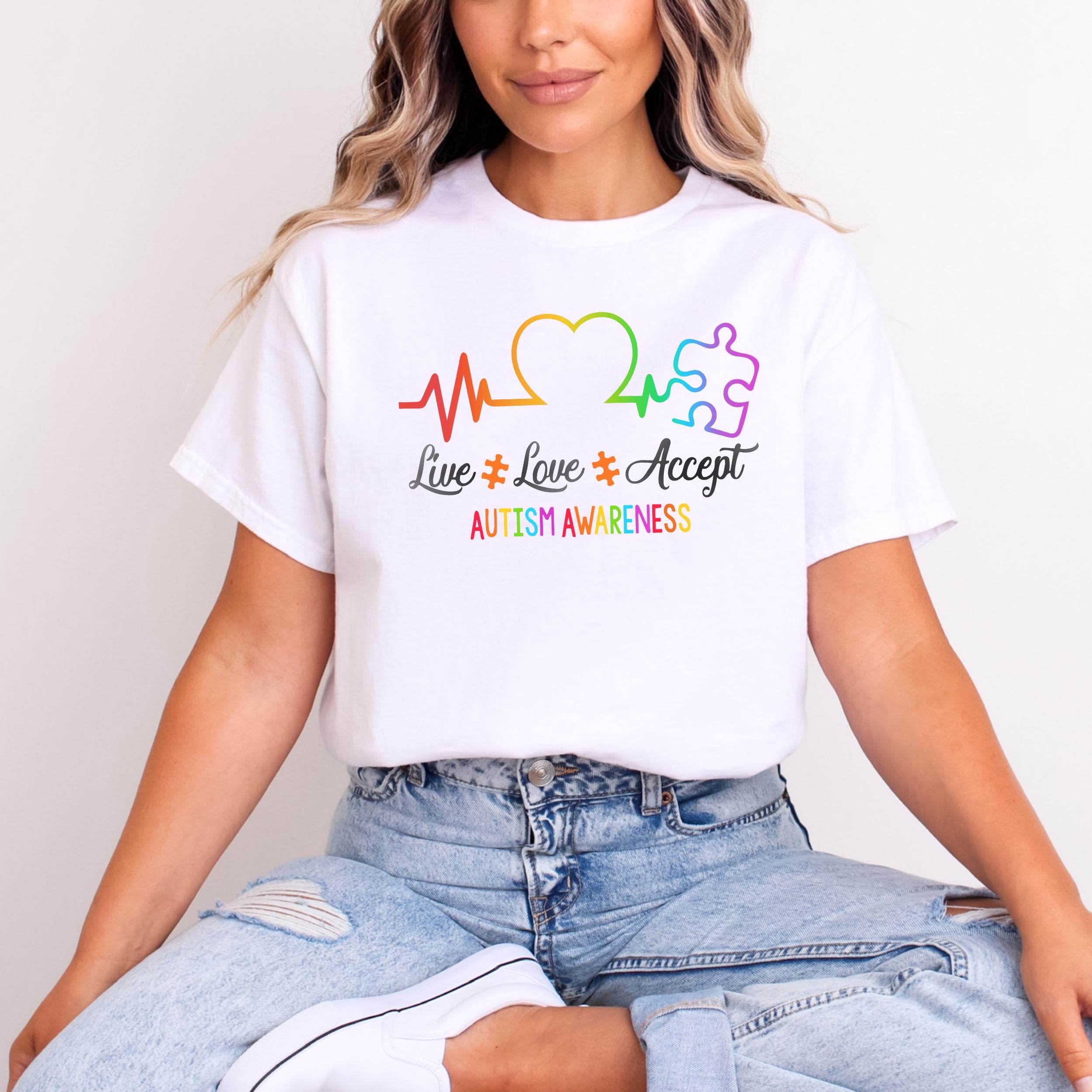 YUHAK Autism Awareness Live Love Accept T Shirt, Autism Awareness T-Shirt, Autism Puzzle Pieces T-shirt, Autism Month Tee, Autism Support Shirt