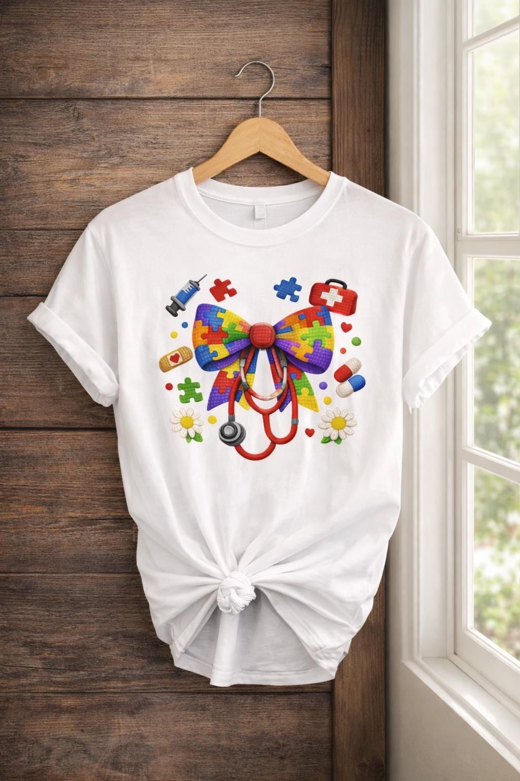 YUHAK Autism Awareness Nurse Shirt, Puzzle Bow Stethoscope Tee, Pediatric Nurse