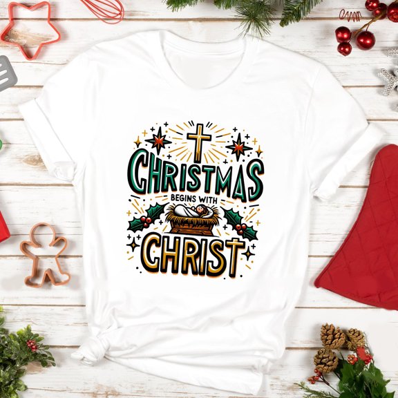 YUHAK Christmas Begins With Christ T-Shirt, Religious Christmas Tee, Christmas Cross Shirt, Jesus Lover Shirt, Religious Bible Verse Tee