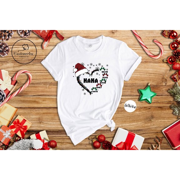 YUHAK Custom Nana Christmas Shirt, Grandkids Name Shirt, Gift for Nana, Grandma Christmas Shirt, Grandma Heart Shirt, Nana Holiday Tee