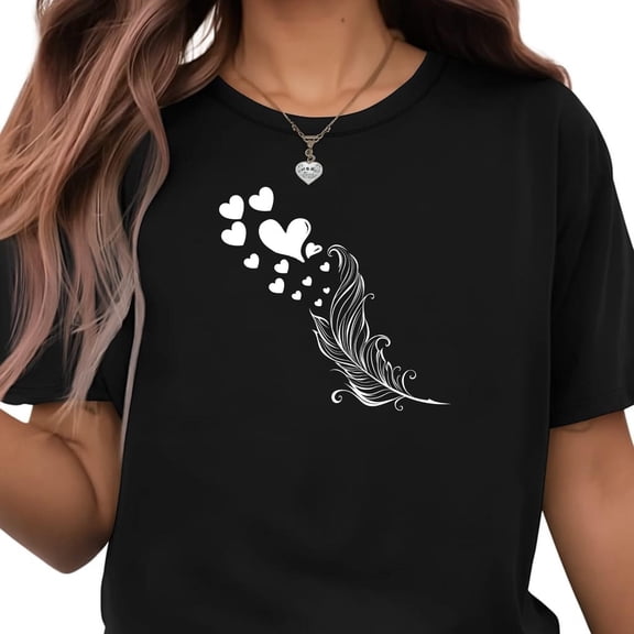 YUHAK Feather and Heart Print T-Shirt | Boho Graphic Tee | Casual Summer Top | Inspirational Love Shirt | Gift Tee