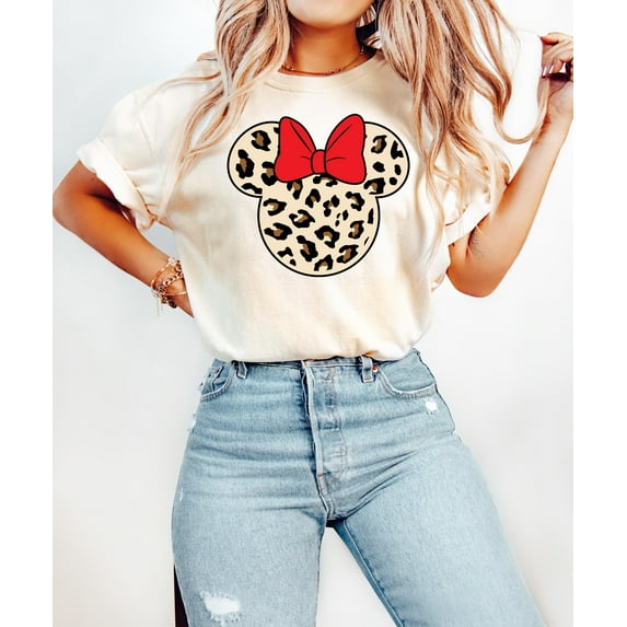 YUHAK Leopard Print Minnie Mouse Shirt, Cute Disney Mom Shirt, Leopard Minnie Ear Shirt, Leopard Women Shirt, Disney Family Vacation Shirts,