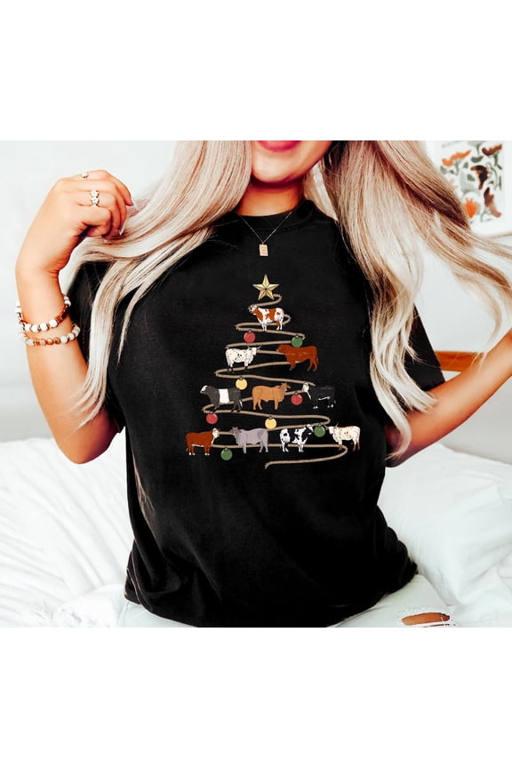 Mooey Christmas T-Shirt: Western Cow Christmas Tree Shirt