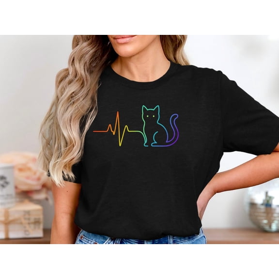 YUHAK Rainbow Cat Heartbeat Shirt, Colorful Cat Line Art Tee, Cat Lover Pride Shirt, Cute Pet Pulse Graphic Shirt, LGBTQ Rainbow Cat Outline Shirt