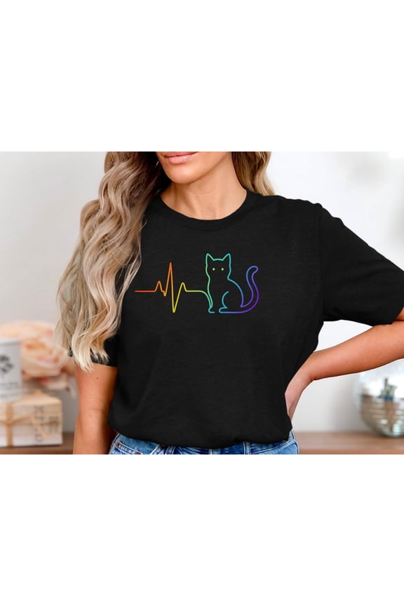 Rainbow Cat Heartbeat Shirt, Colorful Cat Line Art Tee, Cat Lover Pride Shirt, Cute Pet Pulse Graphic Shirt, LGBTQ Rainbow Cat Outline Shirt