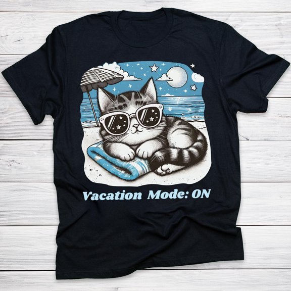 YUHAK Vacation Mode On Cat Shirt Funny Beach Kitty Graphic Tee Tropical Summer Ocean Vacation T-Shirt
