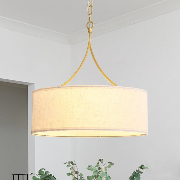 YUHAO 19.6 inch 3-Light Gold Chandelier Light, Modern Fabric Hanging Pendant Light with Adjustable Height for Living Room, Dining Table, Kitchen Island.
