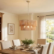 YUHAO 23.62" Farmhouse Drum Rattan Chandelier, 5-Light Gold Metal Woven Haning Pendant Light, Adjustable Height,Dimmable for Kitchen Island Dining Room.