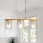 YUHAO 25.2 inch Linear Kitchen Island 3-Light Gold Metal Chandelier Pendant Light with Frosted Glass Shades, Adjustable Hanging Chain, for Dining Room Bar.