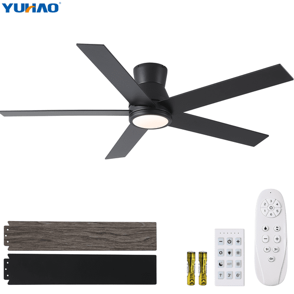 YUHAO 52" Dual Size Ceiling Fans,Modern Black 6 Speeds Reversible Airflow,Quiet DC Motor,3CCT Dimmable Light,Remote & Wall Control for Bedroom,Patio.