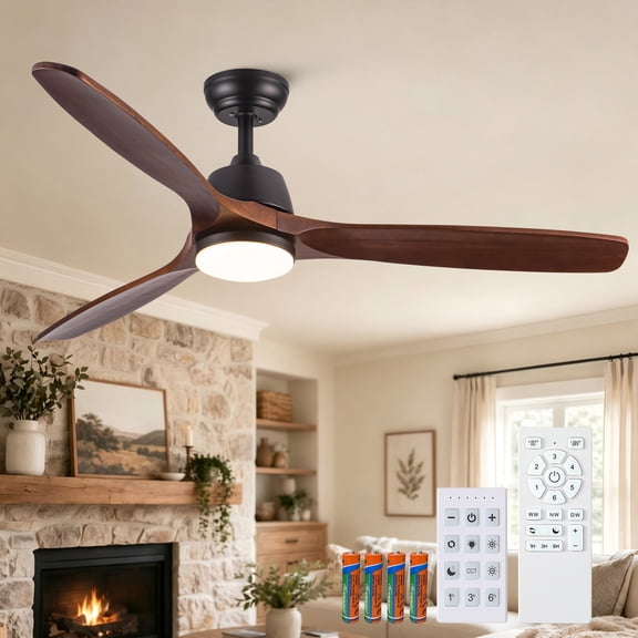 YUHAO 52" Farmhouse Ceiling Fan with Light,Brown Rustic Solid Wood Blades with 6 Speed, Dimmable LED Light with Remote for Bedroom,Dining Room,Patio.