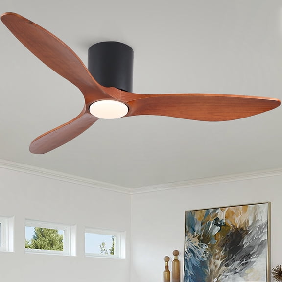 YUHAO 52 Farmhouse Flush Mount Ceiling Fan with Light, 3 Brown Wood Blades 6-Speed Reversible DC Fan, 3 CCT Dimmable Light, Timer,Remote & Wall Control for Bedroom,Living Room