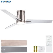YUHAO 52" Nickel Flush Mount Ceiling Fan with Lights,Low Profile 6-Speed Reversible DC Fan, Dimmable LED Light Remote for Bedroom,Living Room.