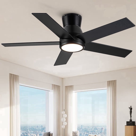 YUHAO 52" Dual Size Low Profile Ceiling Fans, Black Flush Mount Ceiling Light with Remote Control, Reversible 3CCT Dimmable for Bedroom,Balcony.