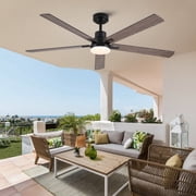YUHAO 60" Outdoor Ceiling Fan with Light,Reversible Black & wood Grain Plywood Blades, 6 Speed ,3CCT Dimmable,Remote& Wall Control for Bedroom,Patio.