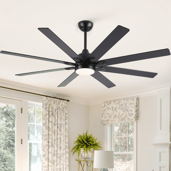 YUHAO 62" Industrial Outdoor Ceiling Fans with Light, Modern 8 Blades, Reversible 6-Speed Quiet DC ,LED Dimmable for Dining Room,Garage,Warehouse.